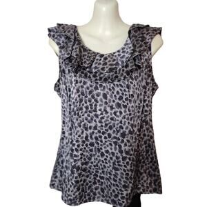 Ann Taylor, Sz M Sleeveless Ruffled Top Silk/Spandex Top,‎ Blk/Gray/Wht